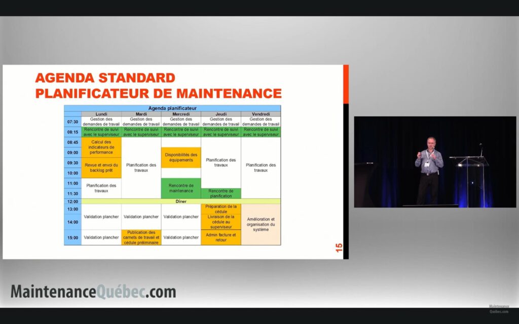 Serge Rivoallan en conférence devant une diapositive de l’agenda type d’un planificateur de maintenance
