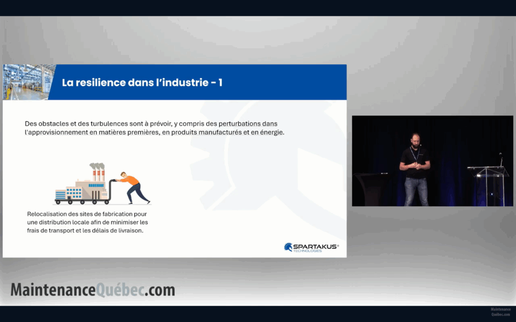 Yoann Urruty présentant une diapositive sur la résilience dans l’industrie lors d’une conférence de Maintenance Québec